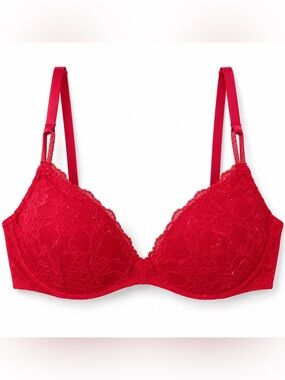 Victoria’s Secret Red Lace Padded Plunge Bra Rhinestone Detail 32B